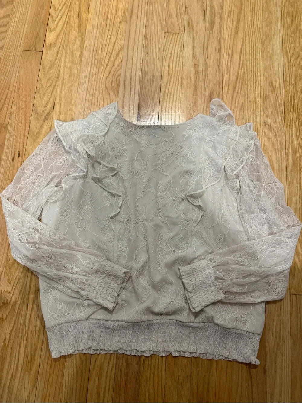 Express Lace Ruffle V-Neck Blouse — Light Beige (S-XL)